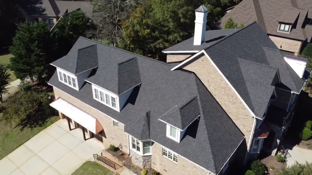 Drone flyover of a finished Charlotte-area roof